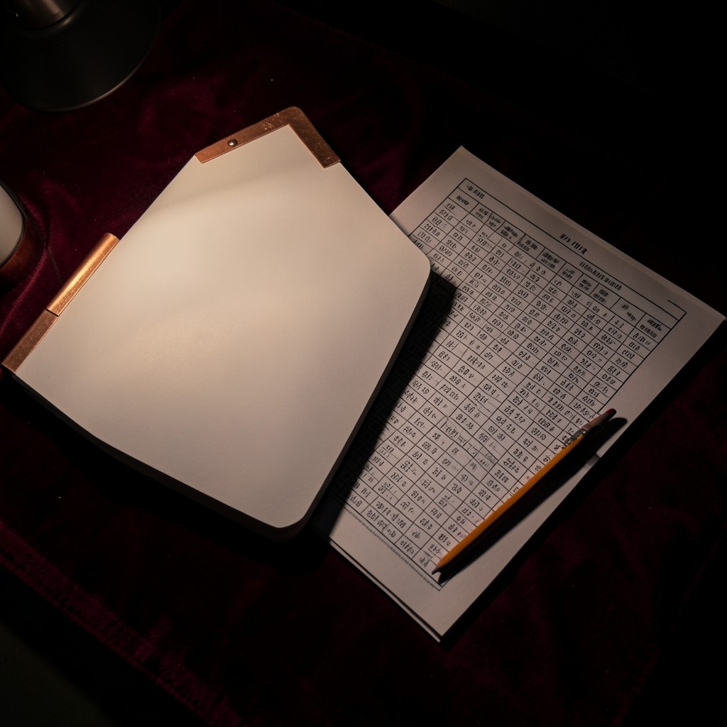 An open notebook with a pencil resting in the blank margin beside a chart print.