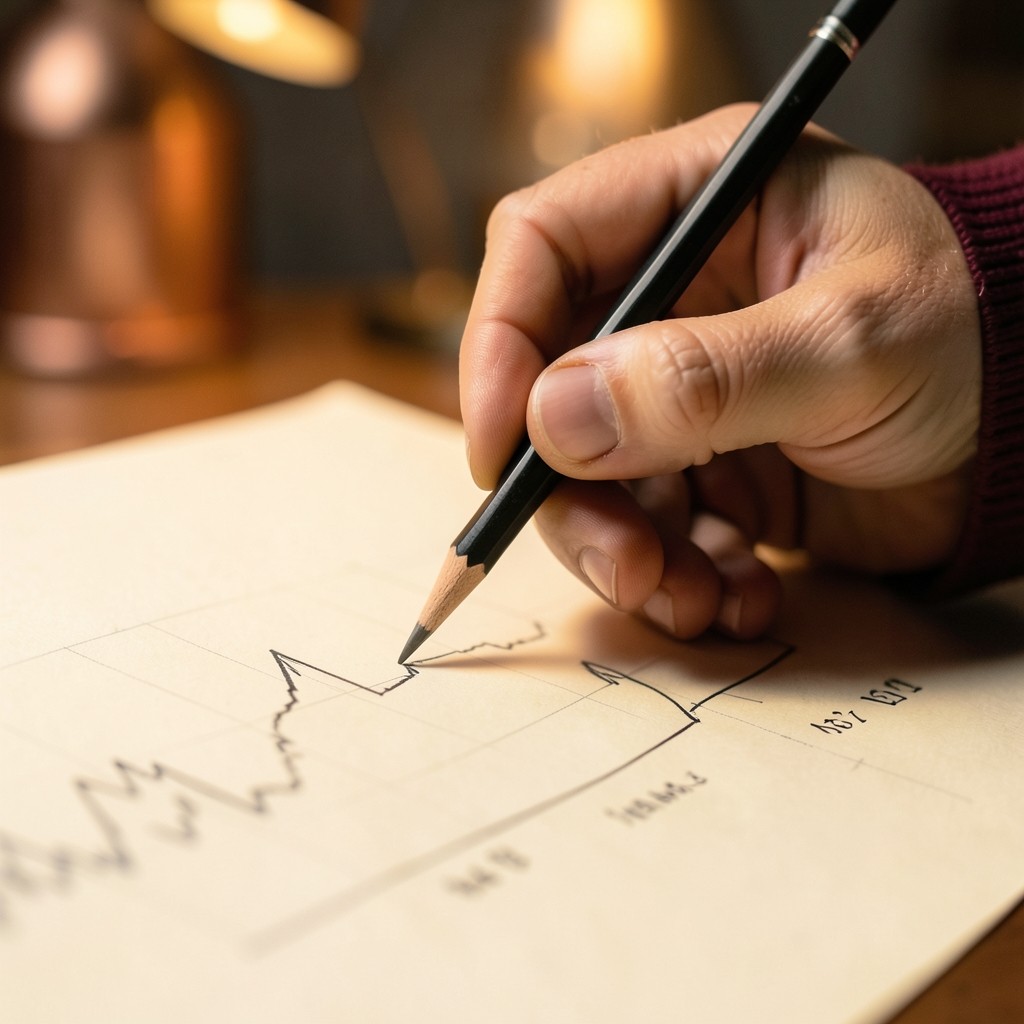 A pencil hovering over a chart where price has returned to a broken level.