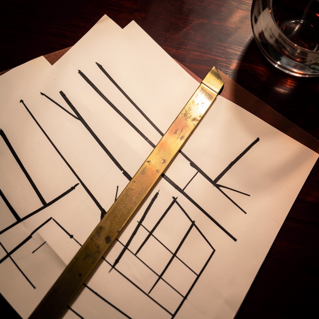 Overlapping chart sheets and a brass divider on dark wood.