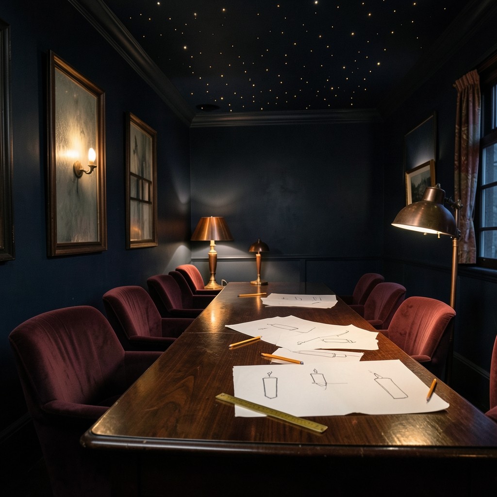 Evening chart room with burgundy velvet chairs, a lacquered table, and printed candlestick sheets under a copper lamp.