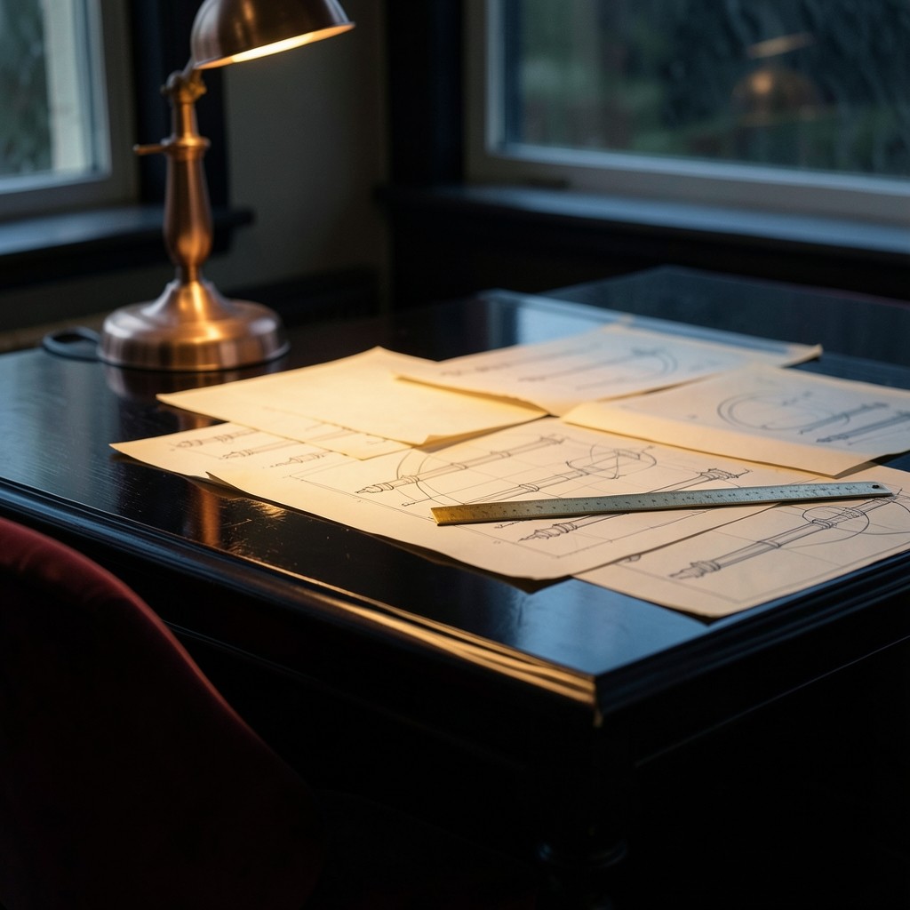 Printed candlestick sheets and a brass ruler on a dark wooden desk during an evening class.