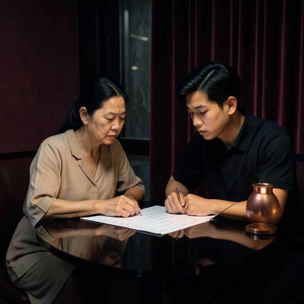 An instructor and a student reviewing one printed chart at a small table.