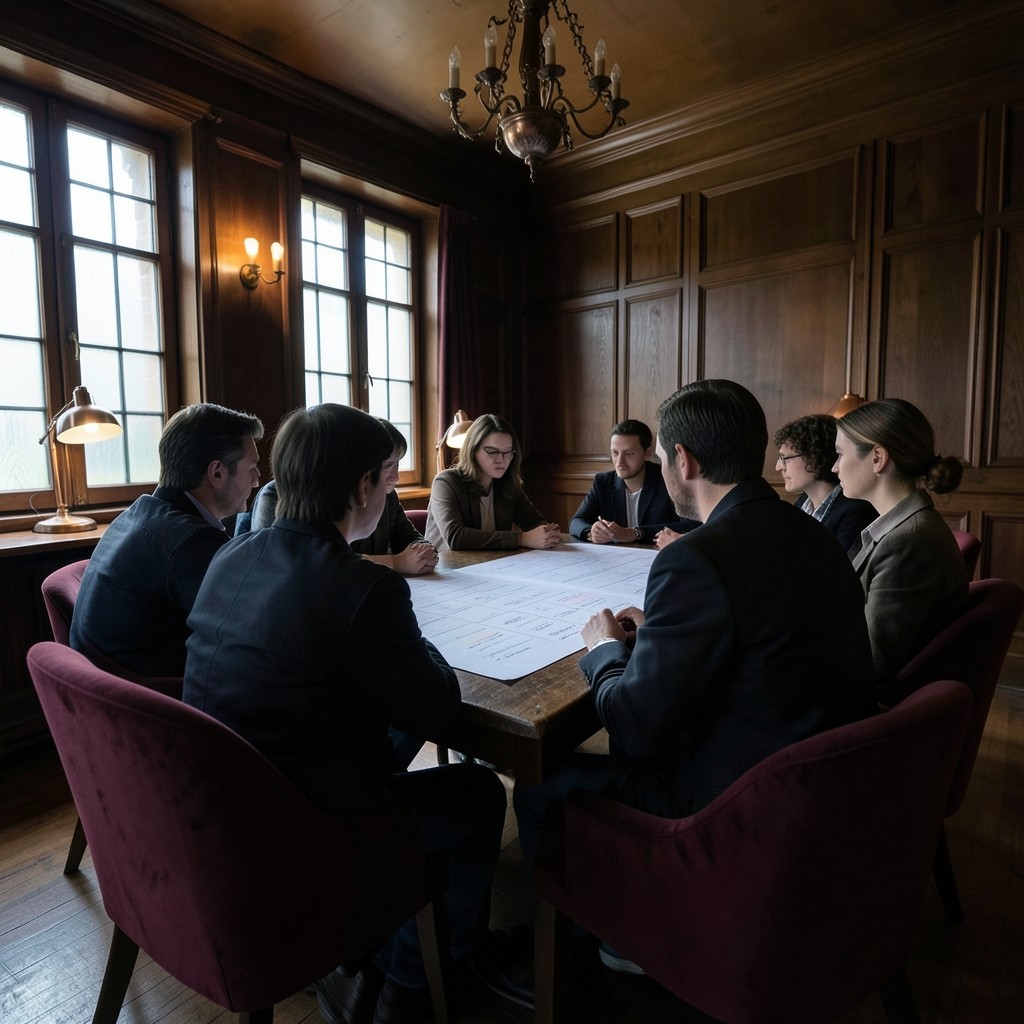 Adults gathered around a single large chart print in a wood-panelled classroom.